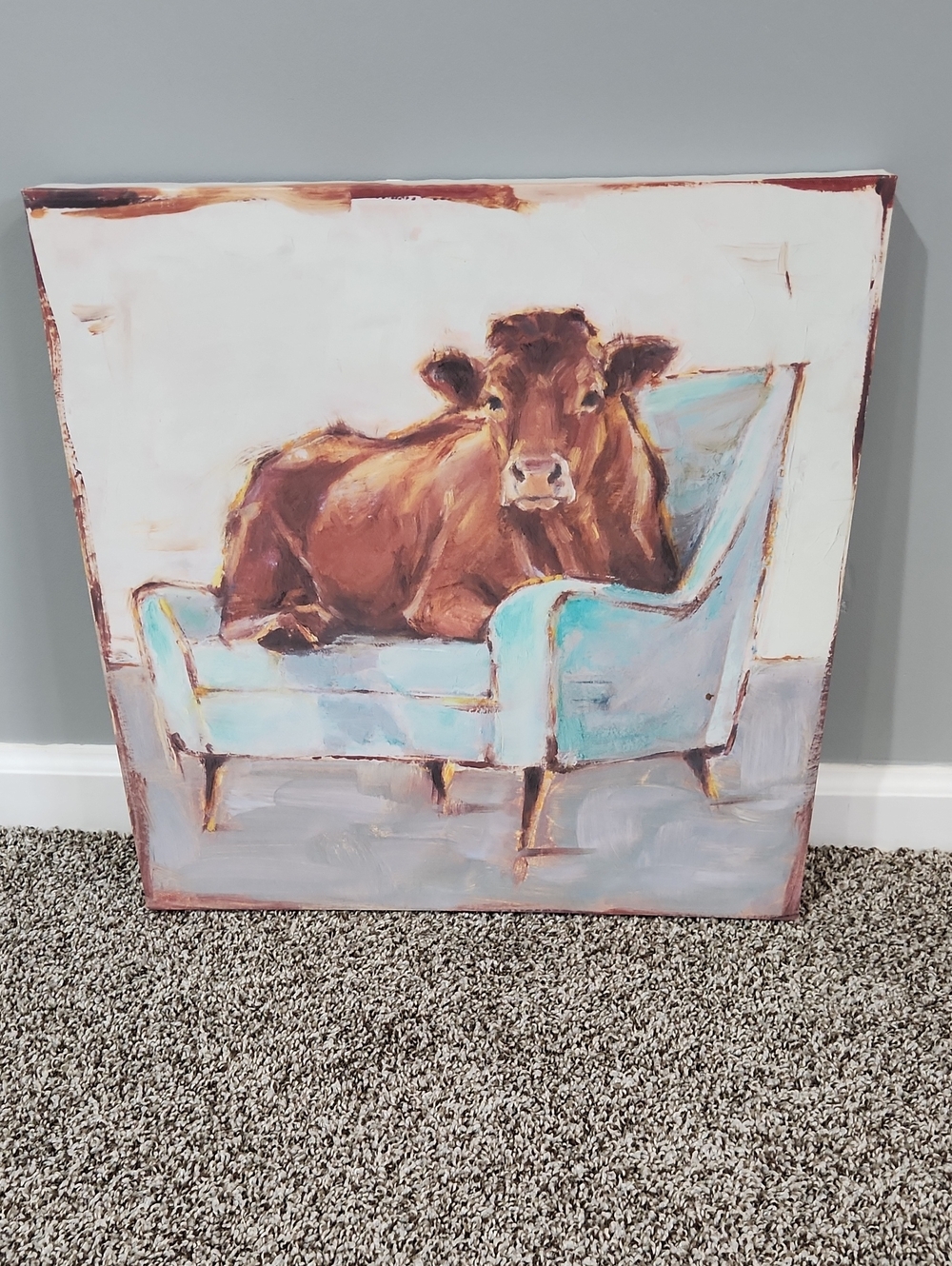 Rustic Cow on Turquoise Sofa Canvas Wall Art